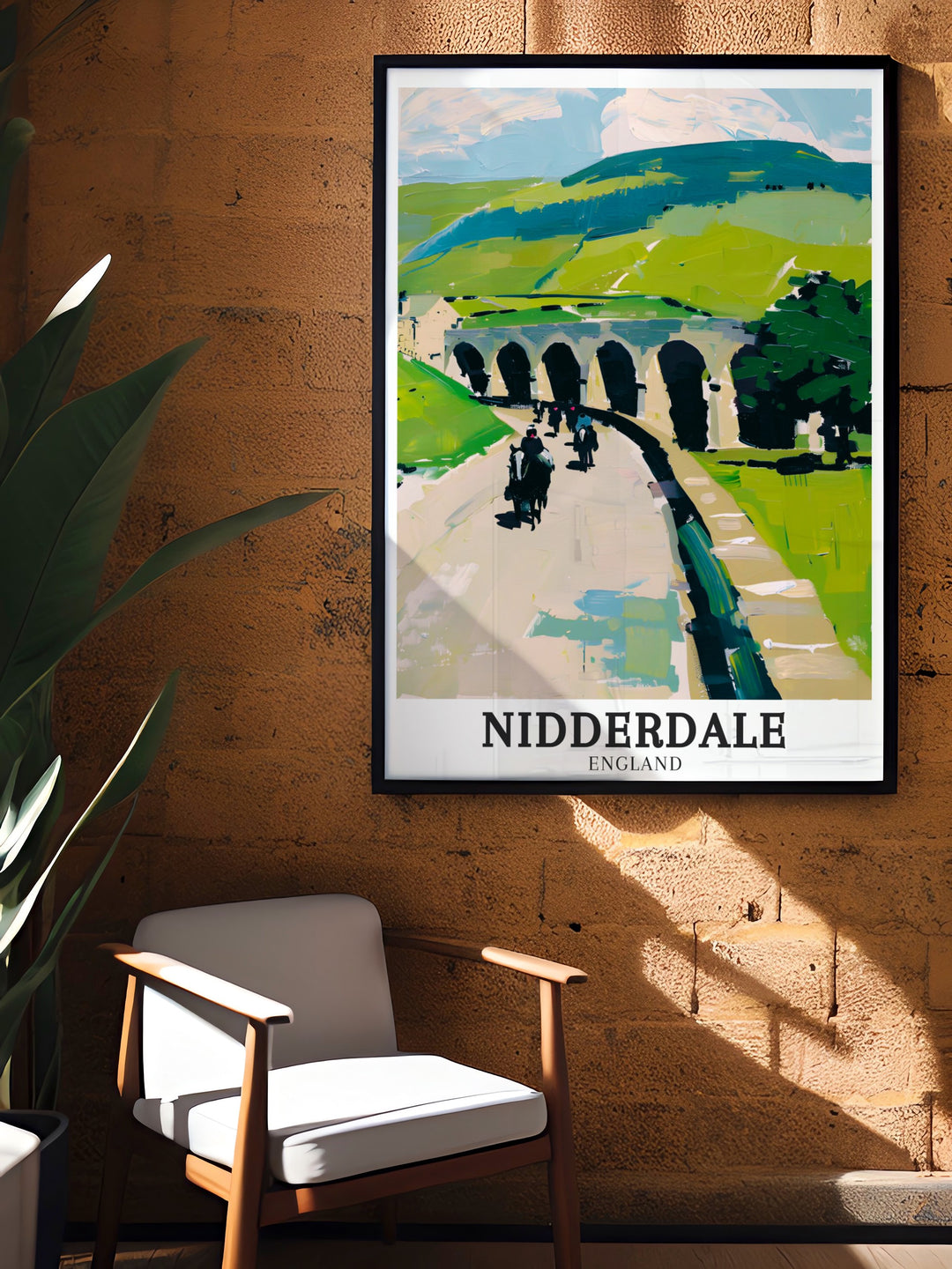 Nidderdale travel poster capturing the beauty of Brimham Rocks AONB and the River Nidd as they wind through the Yorkshire Dales. Ideal for framing and displaying, this print offers a glimpse into the serene charm of the British countryside.