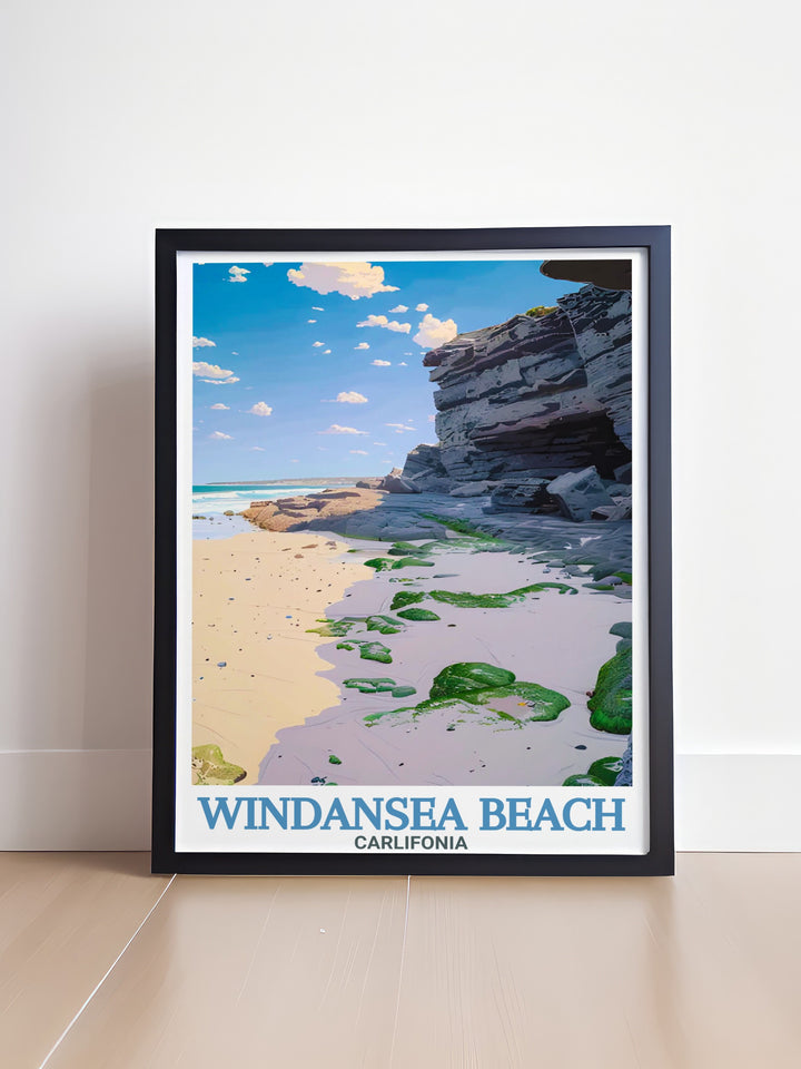 Stunning rock formations from La Jolla captured in a vintage style poster perfect for modern home decor. This San Diego poster is an ideal personalized gift for anyone who loves the beach and wants to bring a touch of Californias charm into their living space.