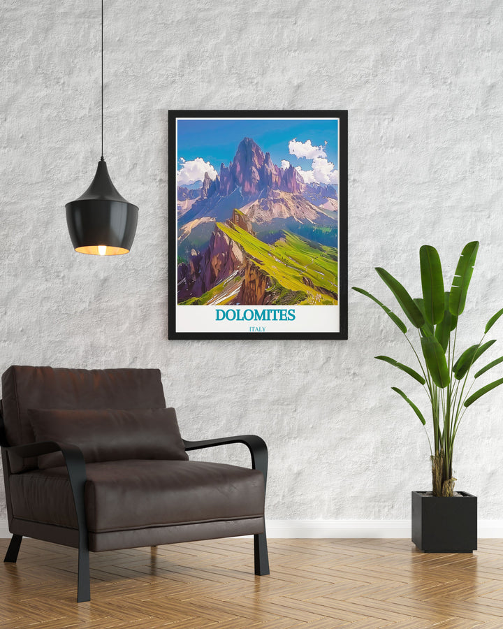 Custom print featuring unique perspectives of the Dolomites, capturing the rugged beauty and historical significance of Italy’s alpine region.