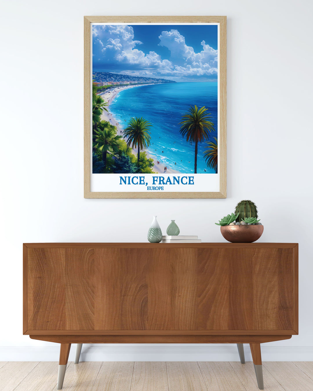 Immerse yourself in the beauty of Promenade des Anglais with this detailed art print, featuring the palm lined walkway, historic buildings, and vibrant life that define this iconic Nice landmark.