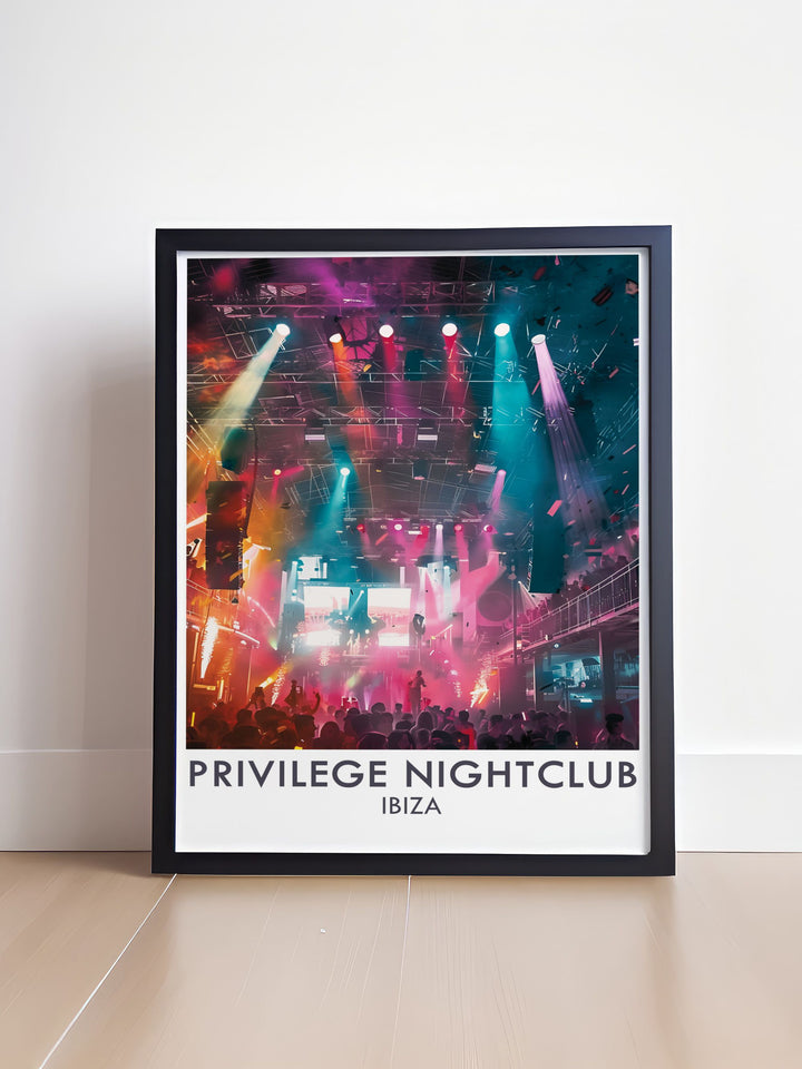 Stage modern prints designed to elevate your living room or bedroom with vibrant imagery of Ibizas renowned nightclubs bringing the energy and excitement of the island into your home