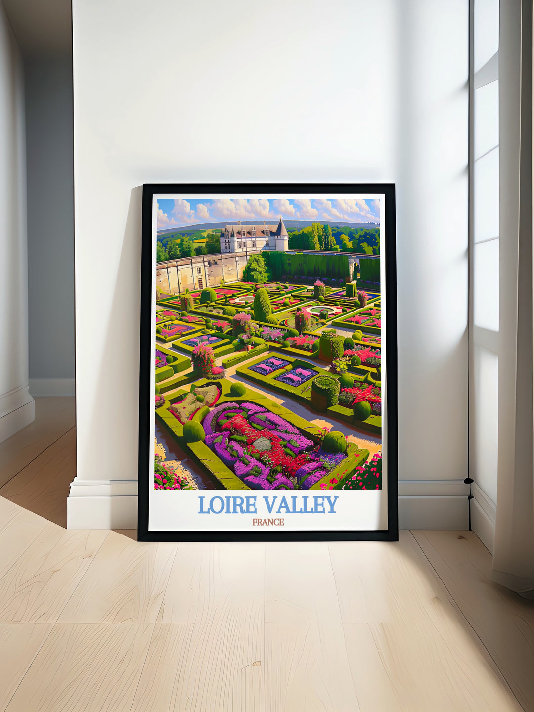 Enjoy the beauty of the Loire Valley with this stunning travel print showcasing the magnificent Chateau de Villandry. This artwork is perfect for enhancing your home decor with a touch of French elegance and history. A perfect addition to any living space.