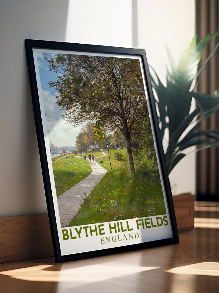 The lush landscapes and serene walkways of Blythe Hill Fields are depicted in this detailed illustration, offering a glimpse into one of Londons cherished green spaces.