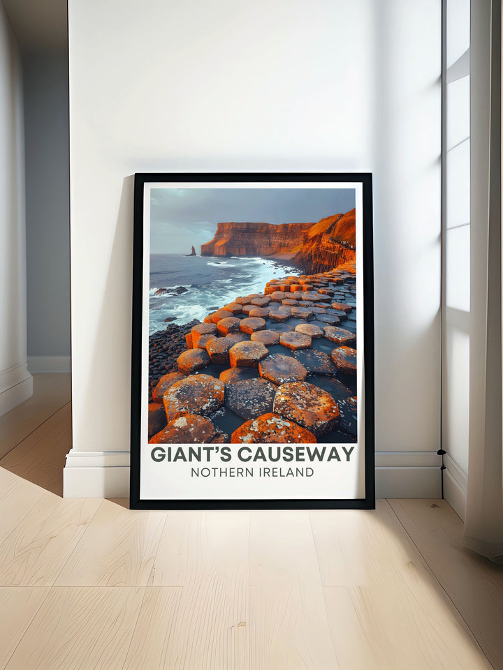 Custom print of Giants Causeway, showcasing the natural charm and geological significance of the basalt columns, with their unique hexagonal shapes and serene coastal backdrop, perfect for nature lovers.