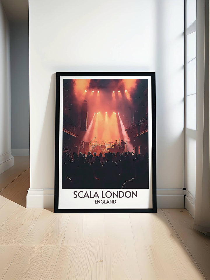 Scala London Art Deco print featuring the historic music venue in Kings Cross London highlighting the stunning exterior and legendary stage performances a must have for fans of London architecture and rock music ideal for living room or office decor