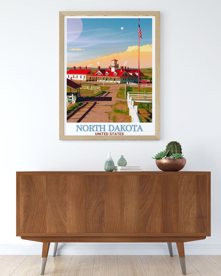 North Dakota Poster Print featuring Fort Union Trading Post National Historic Site, an iconic landmark rich in history. The poster captures the beauty of this historical site nestled by the Missouri River. Ideal for history lovers, this art brings a touch of North Dakotas legacy into your space.