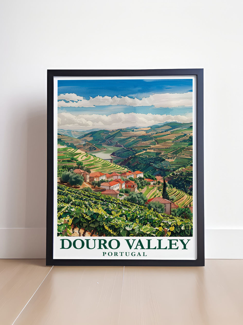 This Douro Valley poster print captures the essence of Portugals famous wine region, with its terraced vineyards and rolling hills. Perfect for wine lovers or as a unique gift, this artwork brings the charm of the Douro Valley into your home décor.