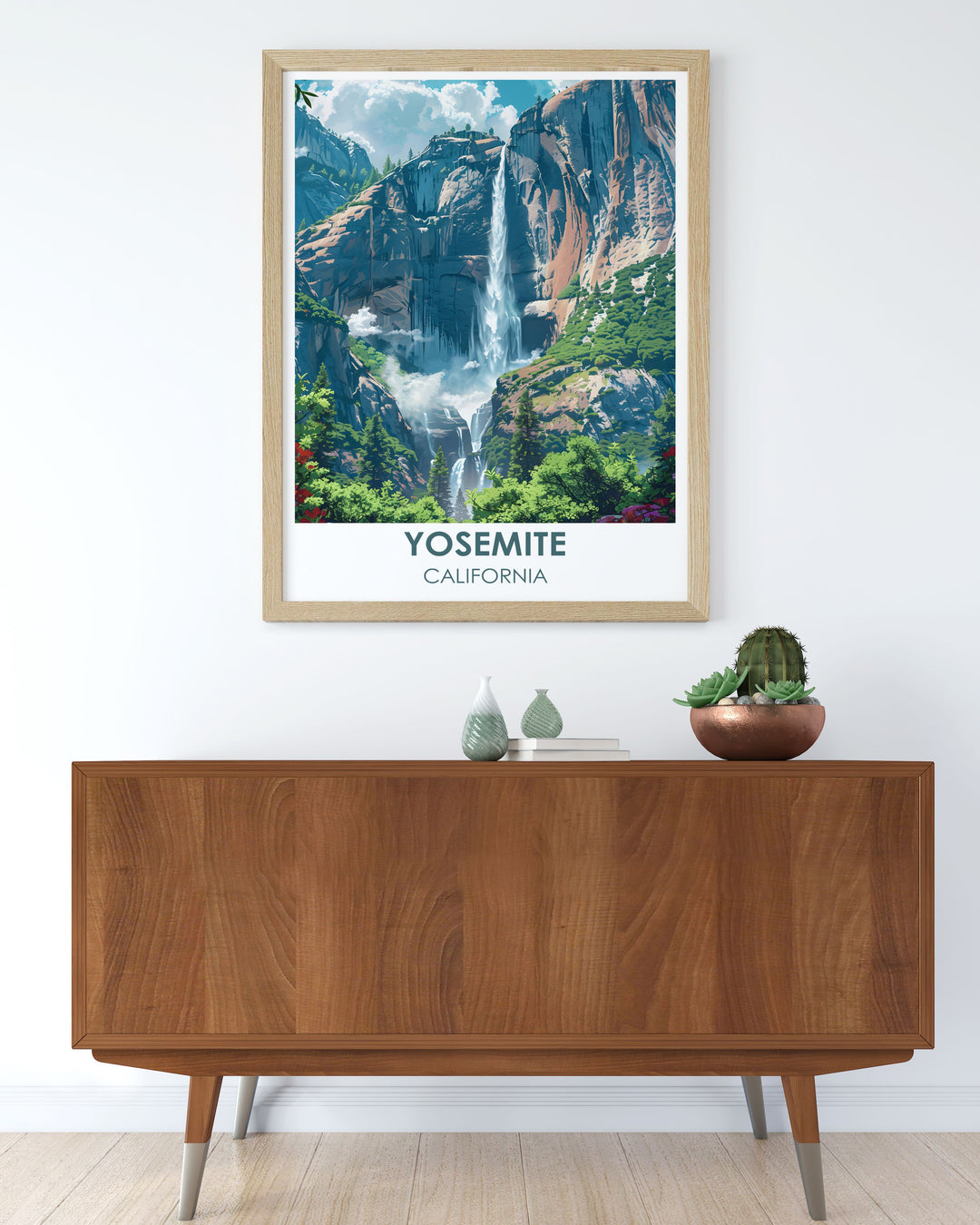 The dynamic energy of Yosemite Falls is captured in this travel poster, with detailed illustrations of the cascading water and the mist rising from the base, perfect for nature lovers and adventure seekers.