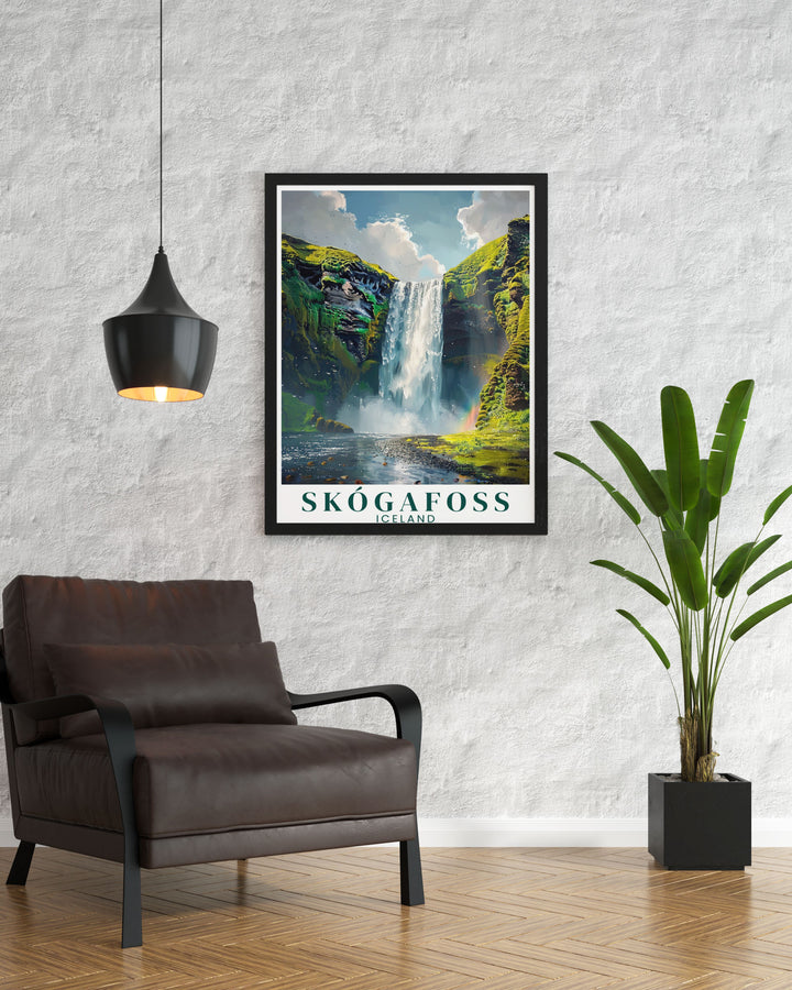 Skogafoss waterfall artwork capturing the majestic beauty of Icelands iconic landmark making it a standout piece in any room and a beautiful reminder of Icelands natural wonders.