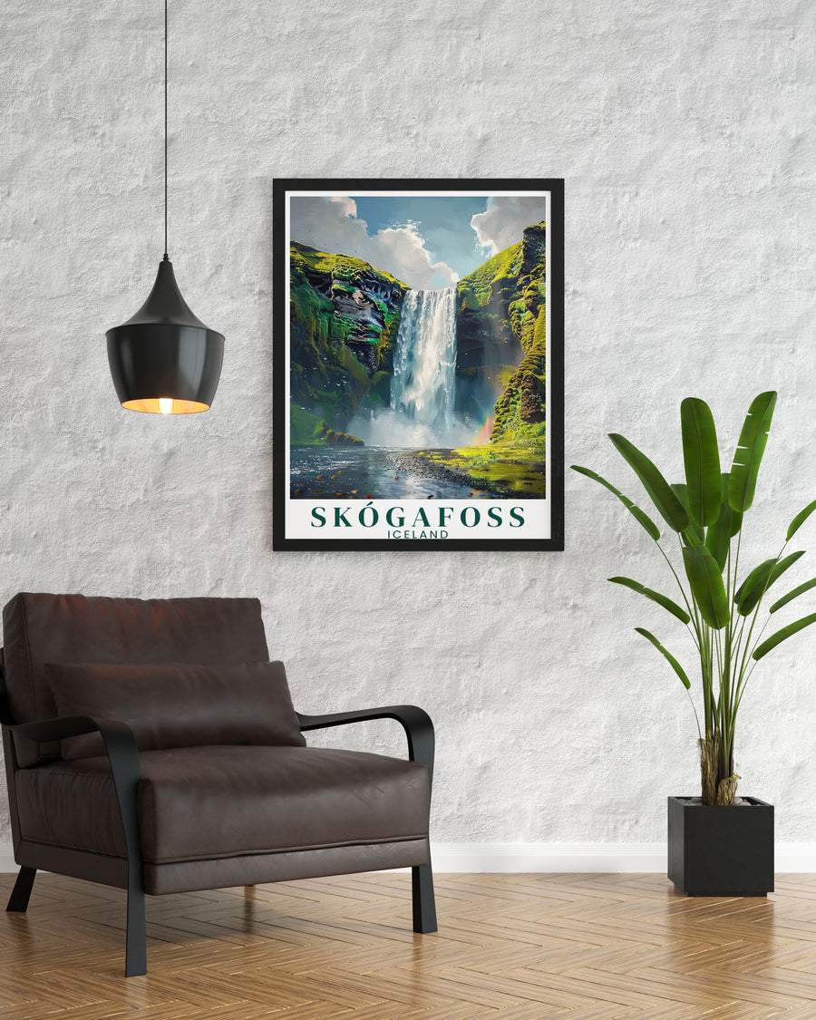 Skogafoss waterfall artwork capturing the majestic beauty of Icelands iconic landmark making it a standout piece in any room and a beautiful reminder of Icelands natural wonders.