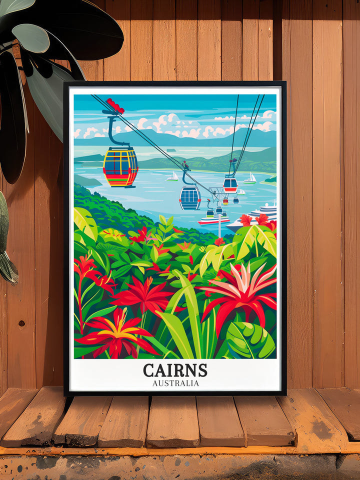 Cairns Wall Art featuring vibrant colors and intricate details of Skyrail Rainforest Cableway, Port Douglas. Perfect for anyone who admires the natural beauty of Australia. Add this stunning Cairns Print to your home decor and enjoy the beauty of Australia every day