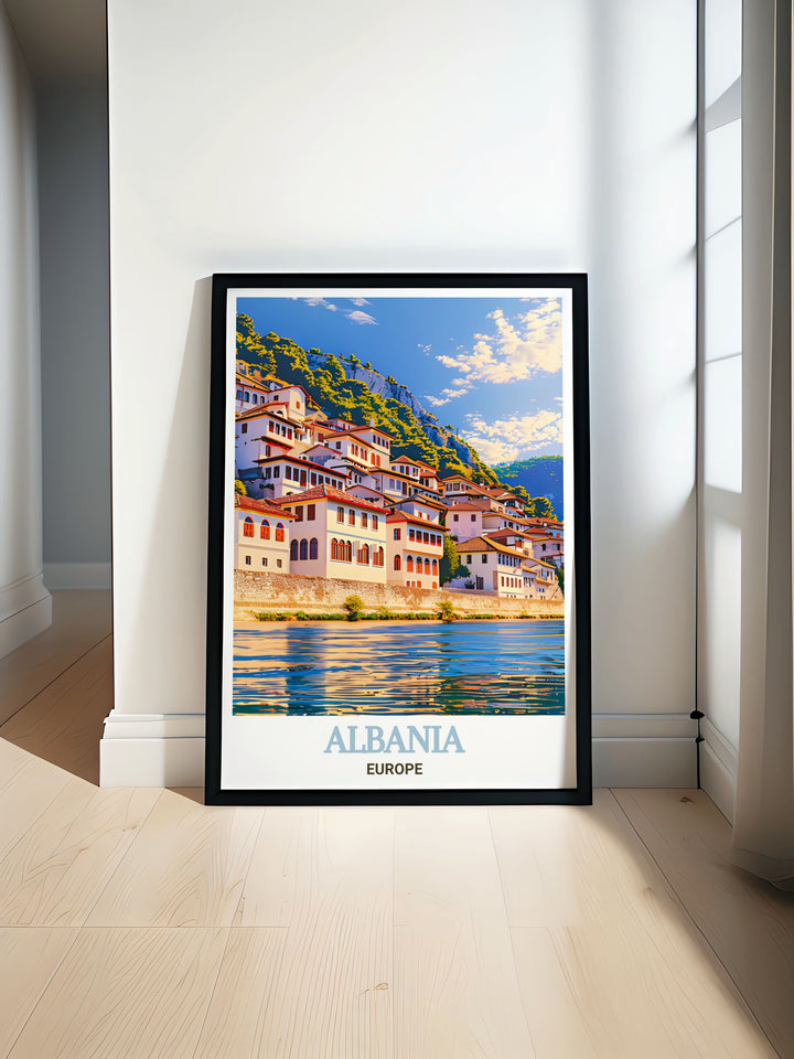 Berat cityscape art print featuring vibrant colors and detailed design perfect for modern home decor showcasing the unique charm of Albania with a focus on Tirana and Berat landmarks