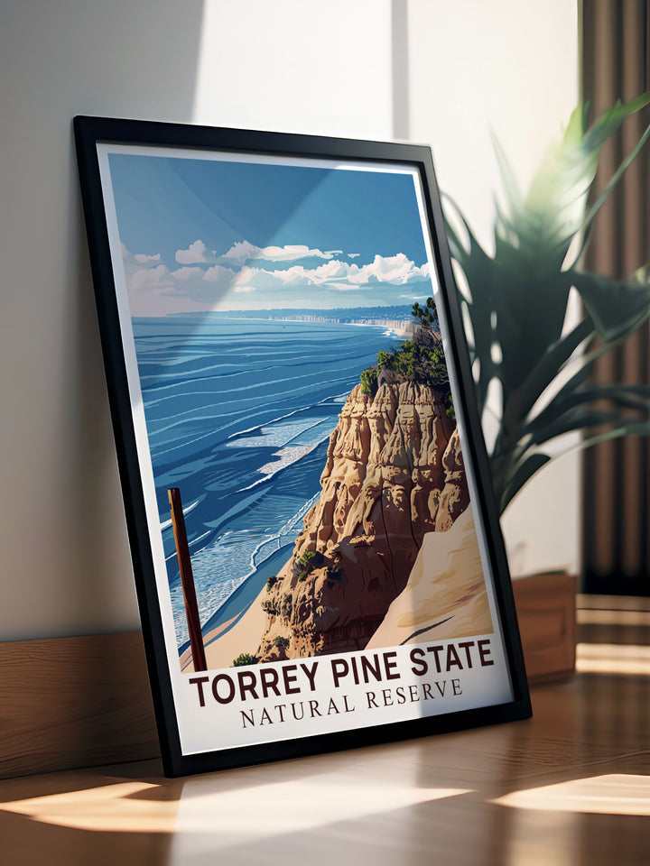 Stunning Torrey Pines travel print featuring fine line details and Rocky Shores making it a perfect addition to any room or a special gift