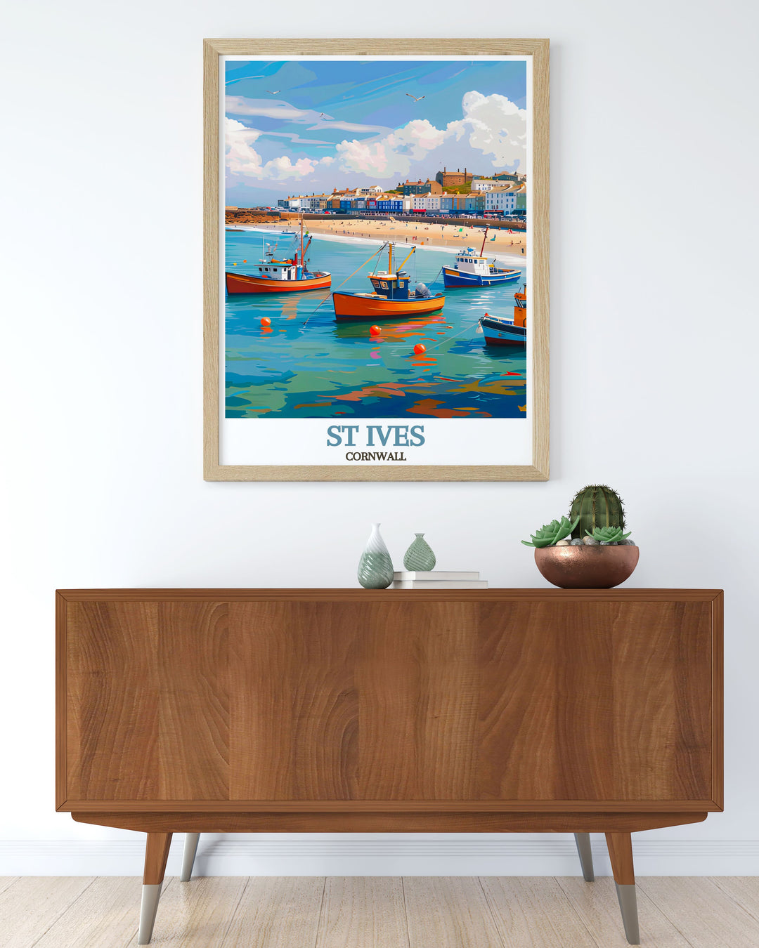 St Ives Harbour is beautifully illustrated in this poster, showcasing its historical significance and bustling activity, perfect for art enthusiasts and travelers alike.