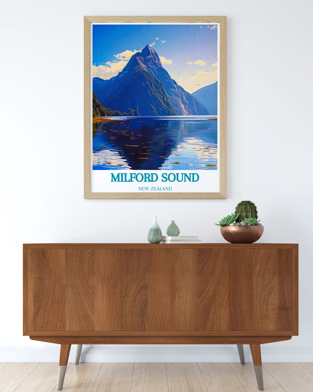 New Zealand wall art featuring Mitre Peak and Milford Sound, capturing the grandeur of Fiordland National Park. This stunning print makes an elegant addition to any room and a memorable gift.