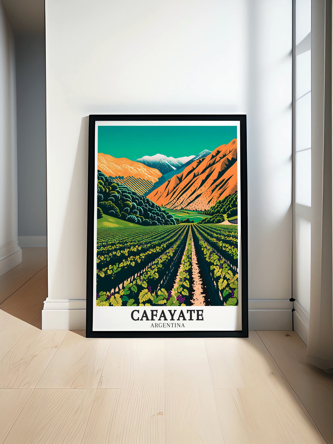 Cafayate Wine Tour Wall Poster depicts the picturesque vineyards of Cafayate, Argentina, with Cuesta del Obispos rugged cliffs in the background. Ideal for lovers of Argentina, wine, and travel, this wall poster brings the beauty of South America into your home.