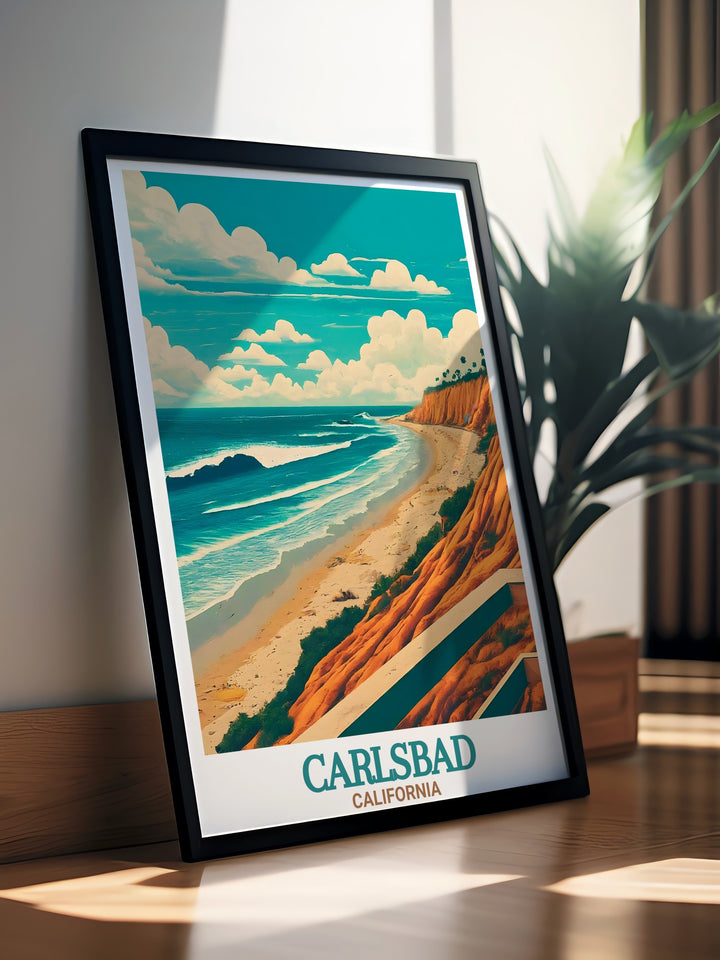 Decorate your space with this Carlsbad poster, showcasing the stunning State Beach in California. Ideal as a gift for travelers or as a piece of personal decor, this artwork reflects the beauty and serenity of Carlsbads coastal landscape.