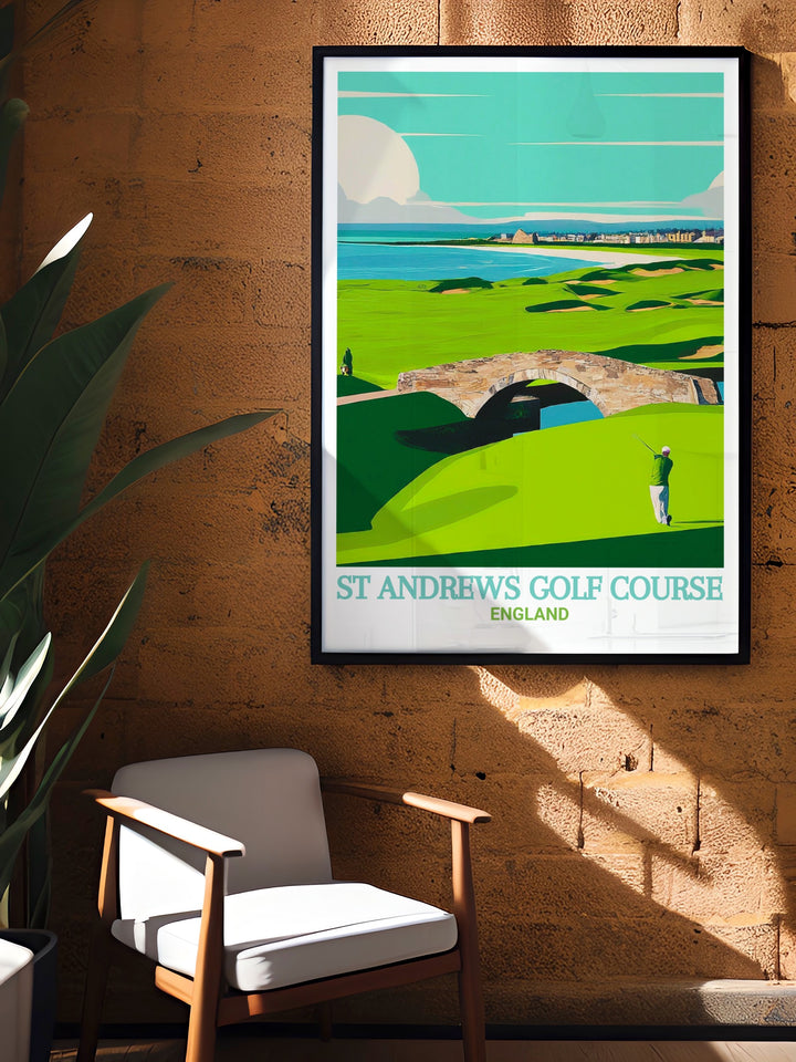 Beautifully detailed poster print of St Andrews Golf Course and Old Course, capturing the essence of Scotlands rich golfing heritage. This artwork is a must have for golf enthusiasts and those who appreciate UK wall art that celebrates history and tradition.