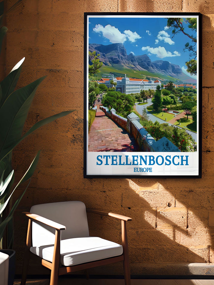 Immerse yourself in the scholarly environment of Stellenbosch with this travel poster, highlighting the picturesque campus and its historic architecture.