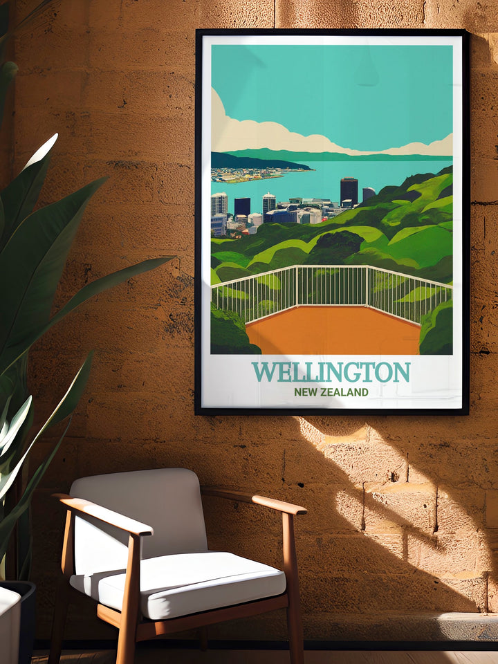 Wellington art print featuring the bustling city and the iconic Mount Victoria Lookout. This New Zealand travel poster is a beautiful reminder of the capitals dynamic energy and scenic landscapes, perfect for home décor.