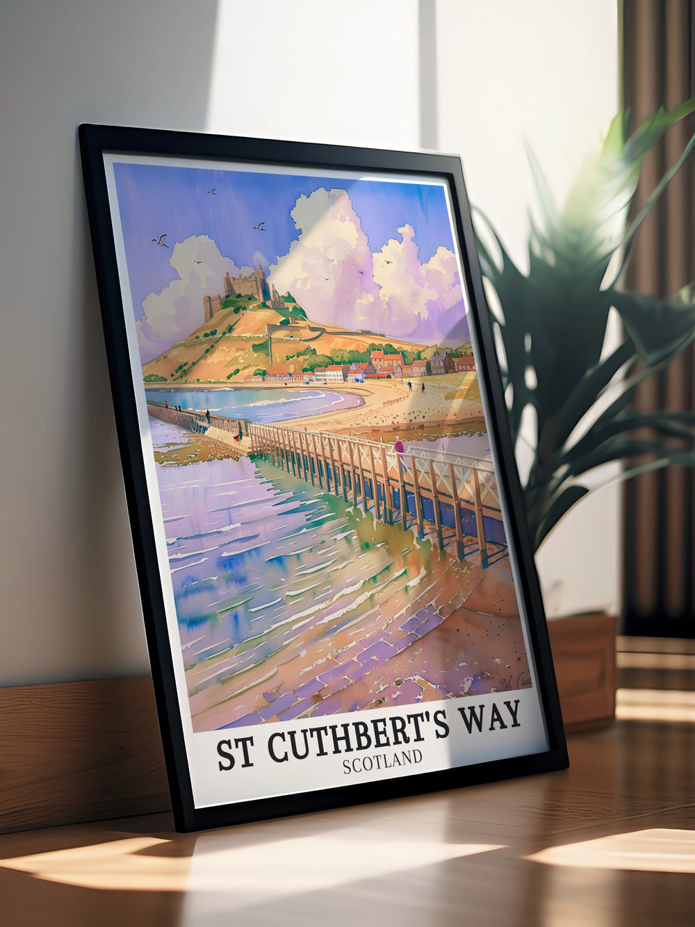 Lindisfarne Priory Holy Island and Lindisfarne Castle beautifully depicted in this Northumberland print capturing the scenic beauty of St Cuthberts Way and the Scottish Borders an ideal framed print for those who love hiking and history