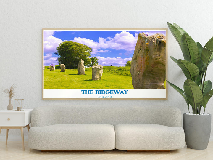 The Ridgeway National Travel Poster and Avebury Stone Circle Modern Prints bring the beauty of Ivinghoe Beacon and Dragon Hill into your home perfect for elegant home decor and a thoughtful UK hiking gift that celebrates the charm of the Chilterns AONB