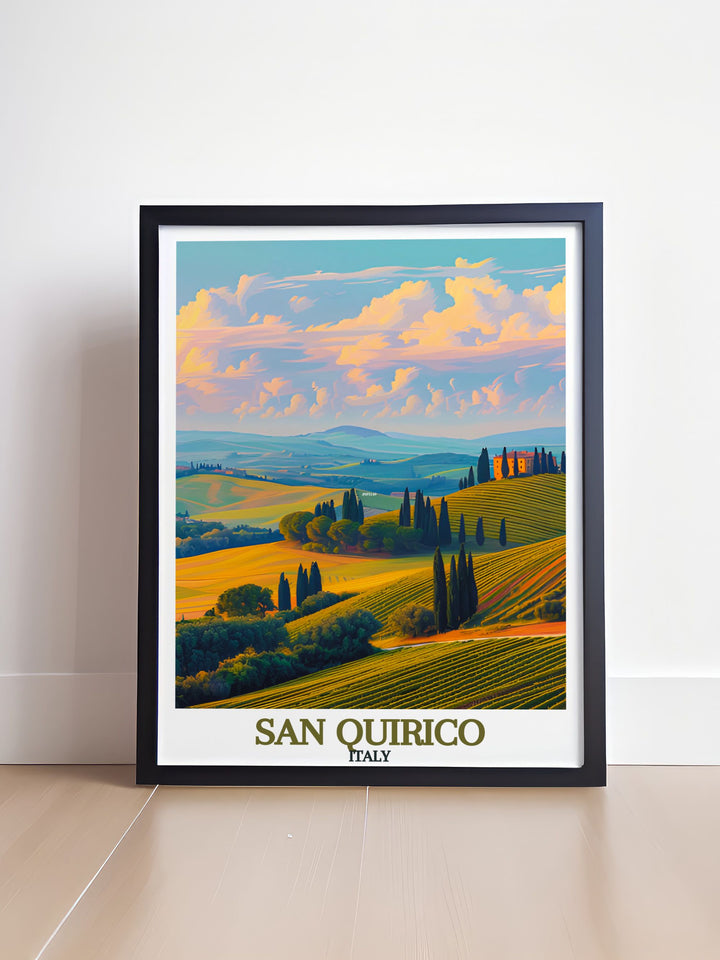 Featuring vivid colors and intricate details the San Quirico Archway Poster Print pairs beautifully with Val dOrcia Hills modern art. Together they offer a sophisticated yet vibrant decor solution for any room. Ideal for personalized gifts and travel inspired wall art.