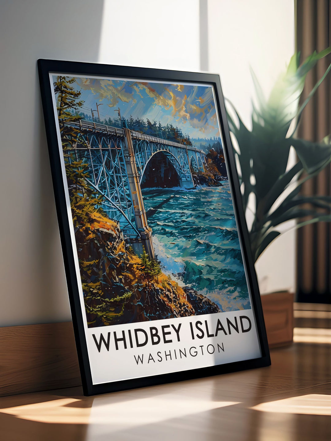 Vintage poster of Whidbey Island and Deception Pass Bridge showcasing the timeless beauty of Washingtons landscape perfect for creating a nostalgic atmosphere in your living room or office with a vibrant color palette