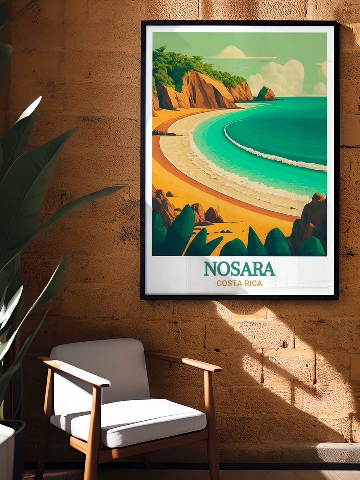 Playa Pelada in Nosara, Costa Rica, is a hidden gem known for its stunning sunsets and quiet coves. This print beautifully showcases the beachs natural beauty, with its golden sands and tranquil waters. Ideal for enhancing your home with the essence of Costa Ricas coastal charm, this artwork brings a sense of calm and relaxation to any space.