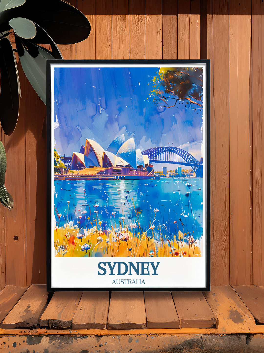 Detailed and colorful vintage travel print showcasing the Sydney Opera House and Sydney Harbour Bridge an ideal piece for those who love Australia and its iconic cityscapes perfect for home decor or gifting