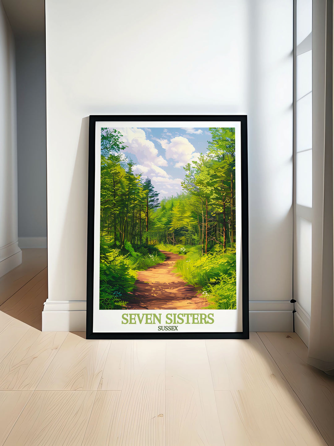 Friston Forest modern print showcasing the lush greenery and serene trails of the forest ideal for National Park Poster enthusiasts and nature lovers looking for elegant wall decor that brings the beauty of nature indoors