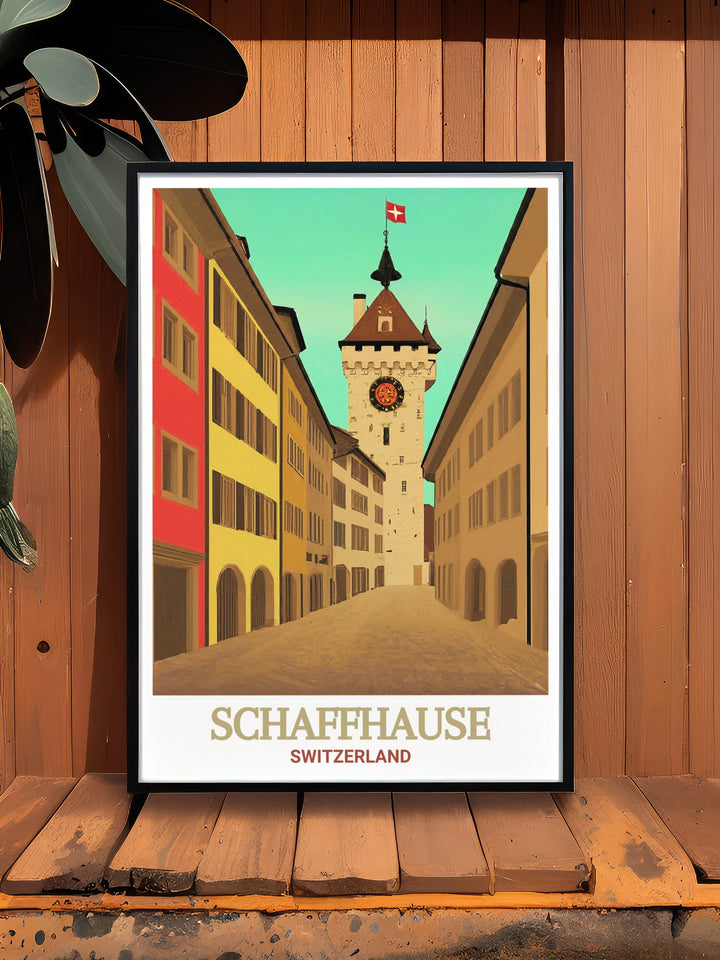 Travel poster of Old Town Schaffhausen, Switzerland. A vibrant print capturing the essence of this historic town. Perfect for those who appreciate travel art and want to bring a piece of Switzerland into their home decor.