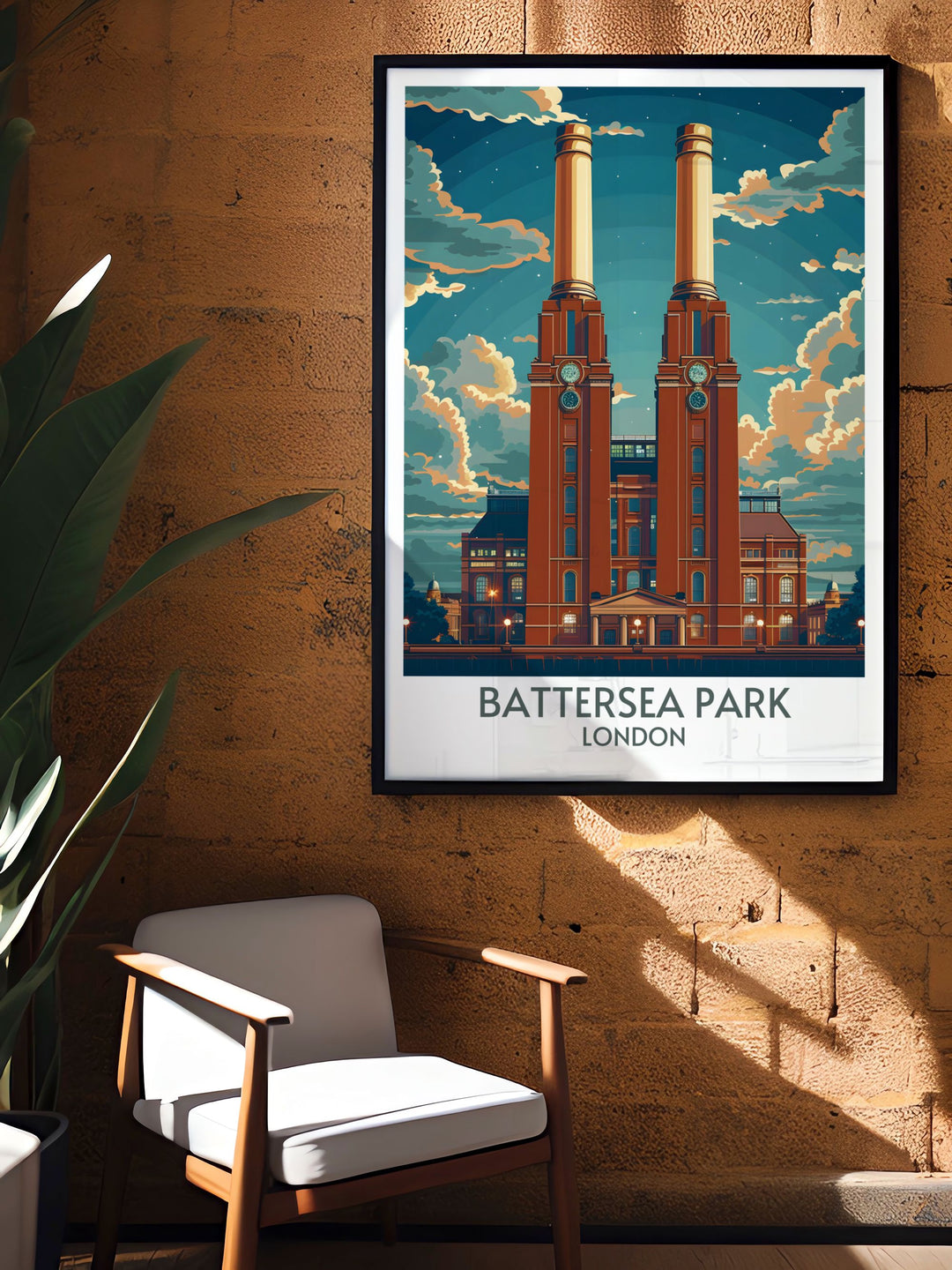 Stunning London travel poster of Battersea Power Station capturing the grandeur of this iconic landmark perfect for enhancing your living room decor