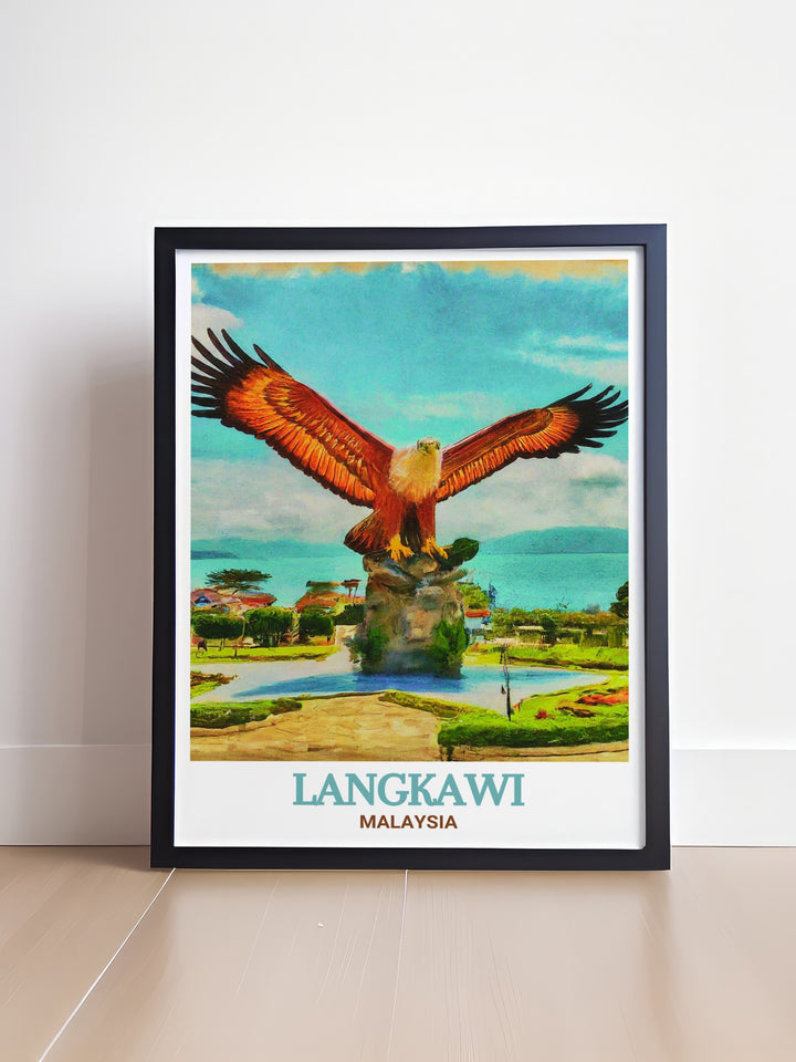 Eagle Squares towering eagle statue is the highlight of this Langkawi travel print. Whether youre looking to enhance your home with a unique piece of wall art or searching for the perfect gift, this poster offers a timeless representation of Malaysias heritage.