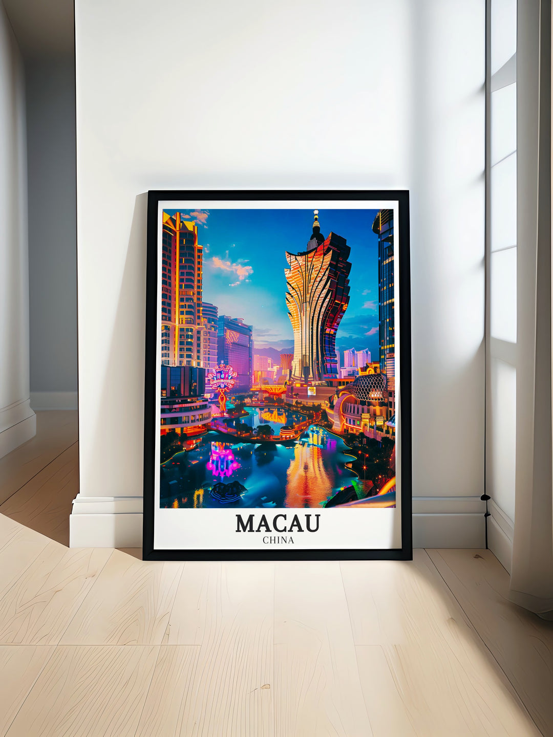 Explore the vibrant streets of Macau with this stunning Macau Poster Print showcasing the Macau Cotai Strip Casino Grand Lisboa and other iconic landmarks Perfect for enhancing your living room or giving as a gift for special occasions like birthdays anniversaries and Christmas