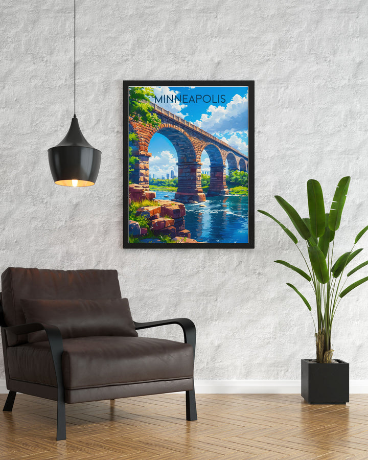 Showcasing both the Stone Arch Bridge and Minneapolis, this travel poster captures the unique blend of historic landmarks and vibrant city life, perfect for enhancing your living space with urban charm.