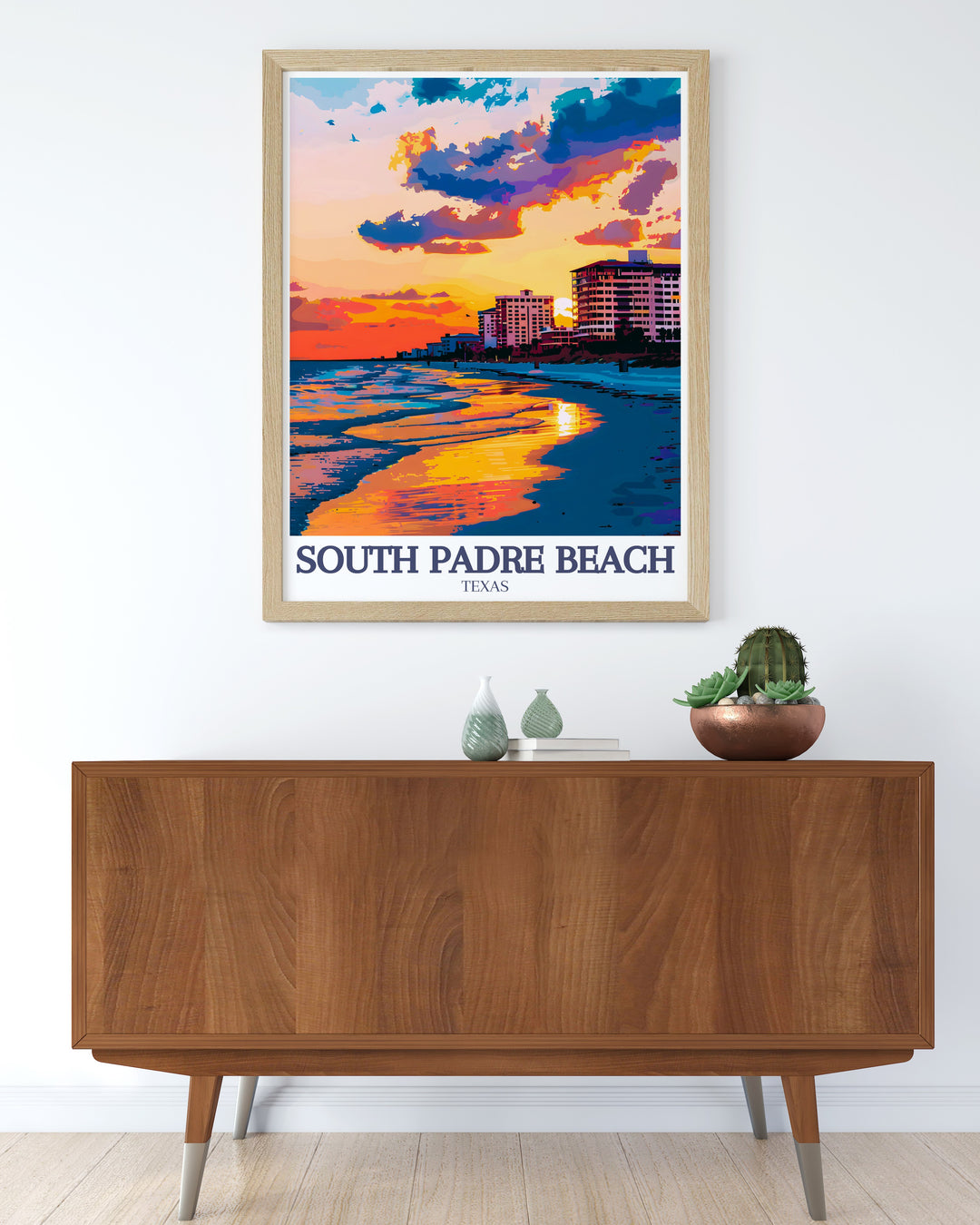 A vintage inspired poster print of South Padre Beach, Texas, bringing the scenic views of the Gulf of Mexico right into your home. This artwork is perfect for anyone who enjoys coastal landscapes and beachside retreats.