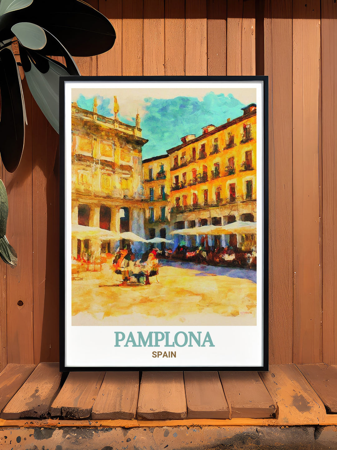 Enhance your home decor with this stunning Pamplona Travel Art featuring the lively Plaza del Castillo. The intricate details and vibrant colors make this Spain wall decor piece a standout addition to any room adding warmth and cultural depth to your living space.