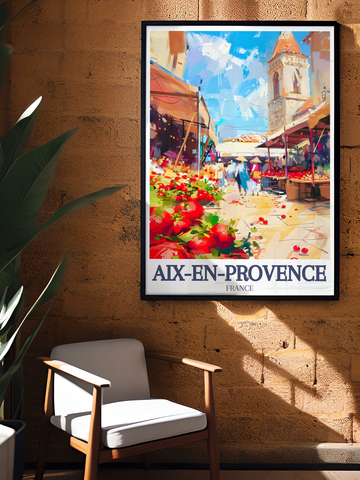 Exquisite fine line print of Aix market Town Hall Square showcasing the elegance of the market and surrounding architecture a perfect piece for wall art and travel poster collections