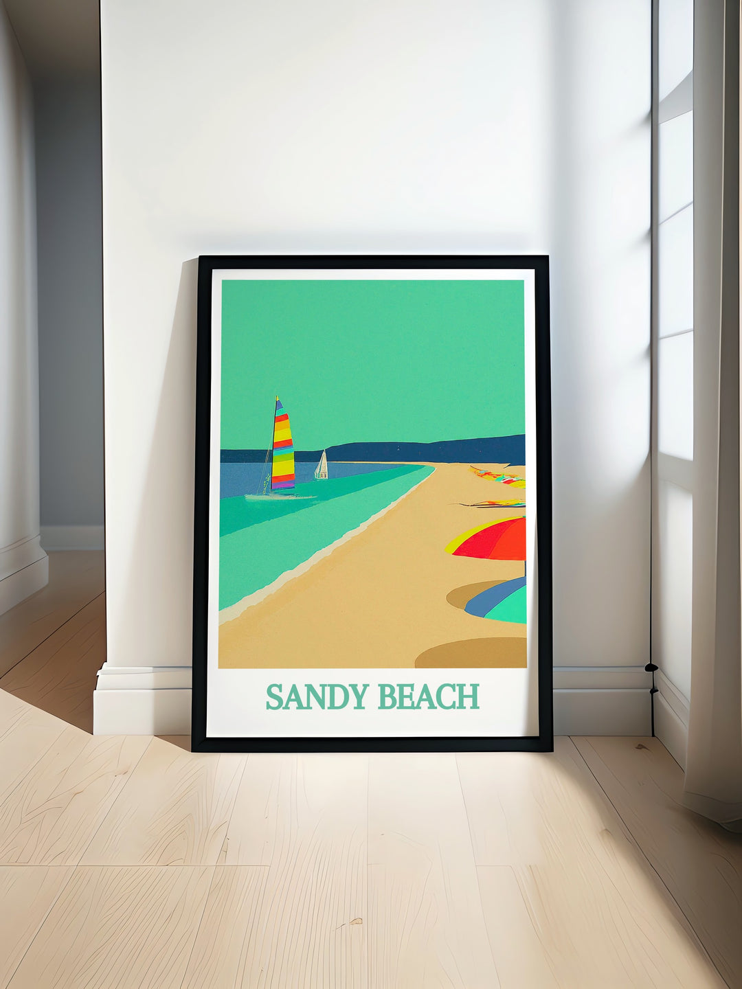 Sandy Beach Park Modern Print featuring vibrant coastal scenery with a detailed lighthouse and beach elements ideal for adding elegance and charm to your home decor with its lively colors and intricate design