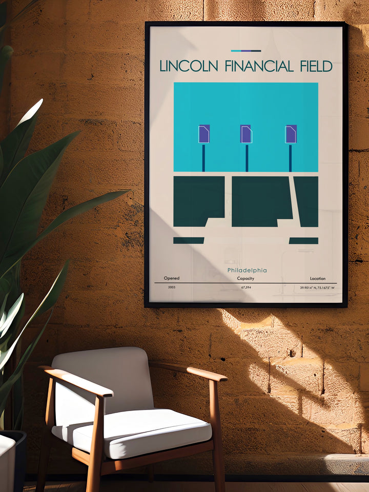 Philadelphia Eagles fan gift featuring a Lincoln Financial Field sports poster. This minimalist art print is ideal for sports lovers and modern decor enthusiasts and makes a bold statement in any sports bedroom or office.