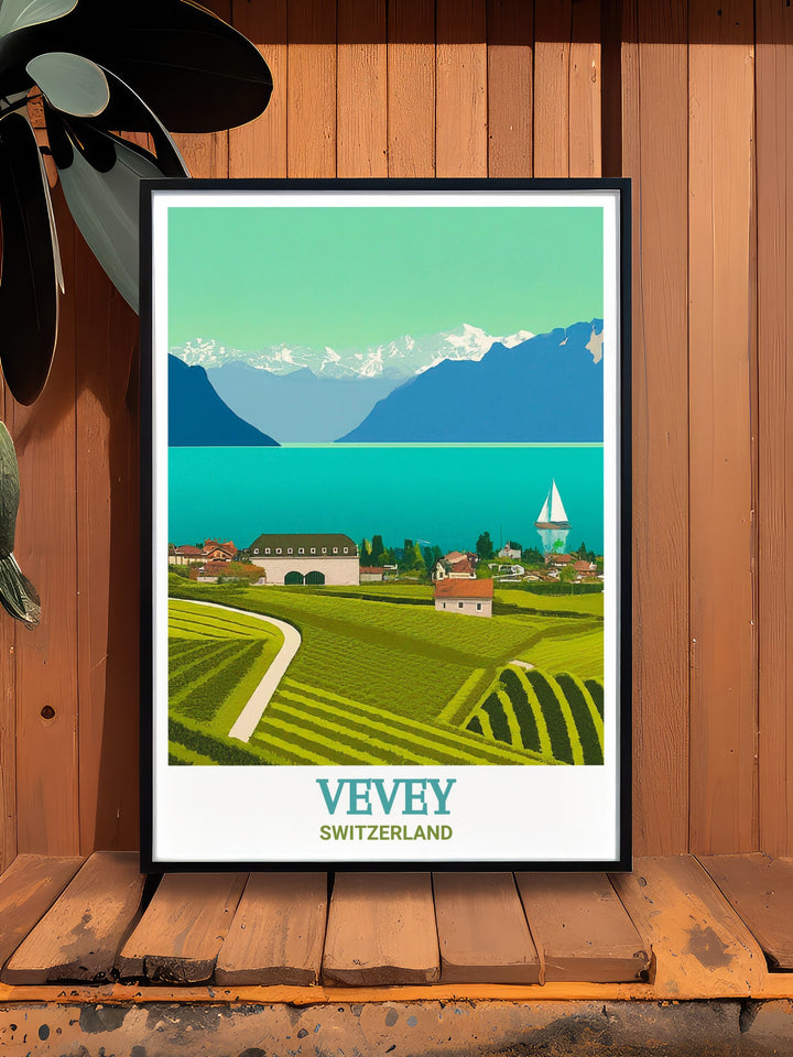 Switzerland travel poster featuring the iconic views of Lake Geneva and Vevey. This artwork offers a peaceful escape to the Swiss Riviera, making it a perfect addition to home décor or as a gift for travelers.