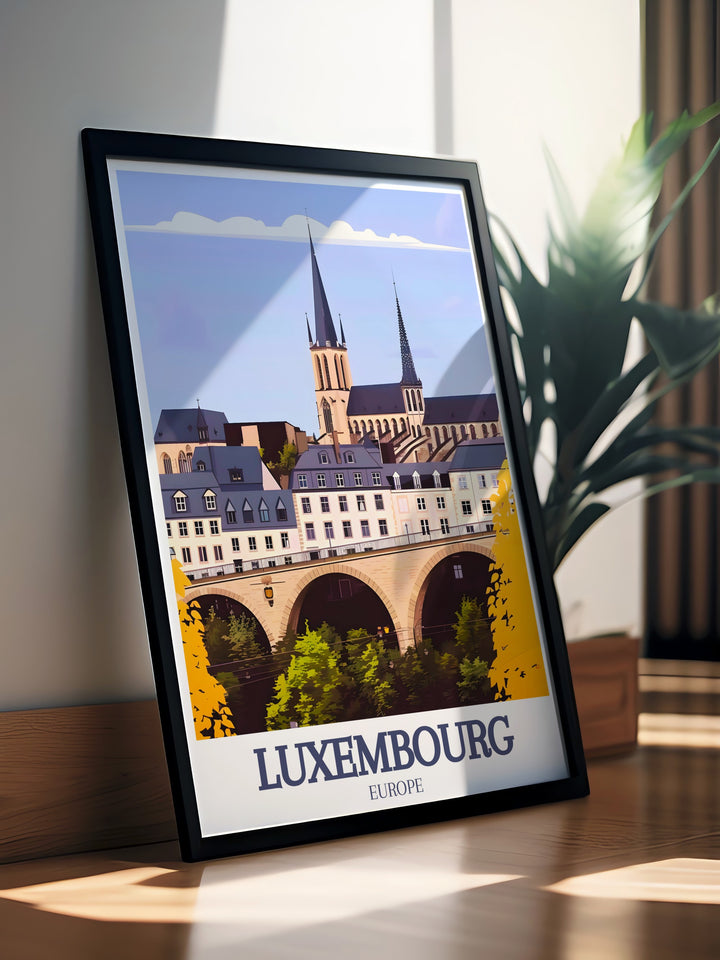 Luxembourg Vintage Poster combines classic European charm with modern artistic design, showcasing the Grand Ducal Palace and Adolphe Bridge. This framed art piece is perfect for anyone who loves to travel and explore new cultures, offering a timeless addition to any room.