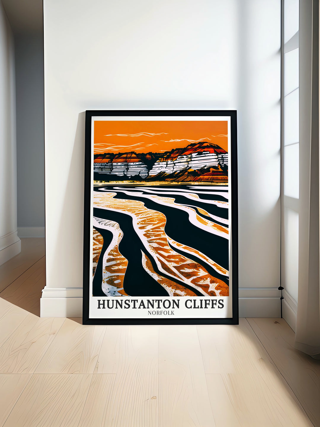 North Sea travel print capturing the tranquil waves and expansive horizon of the sea as seen from the shores of Hunstanton. This artwork brings the beauty and peacefulness of the sea into your home, ideal for those who love the calm and serenity of the ocean.