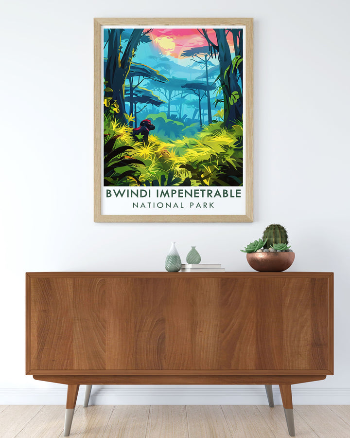 Featuring a detailed illustration of Bwindis diverse ecosystem, this poster offers a glimpse into one of Africas most biologically rich environments, ideal for adding a touch of natural beauty to your decor.