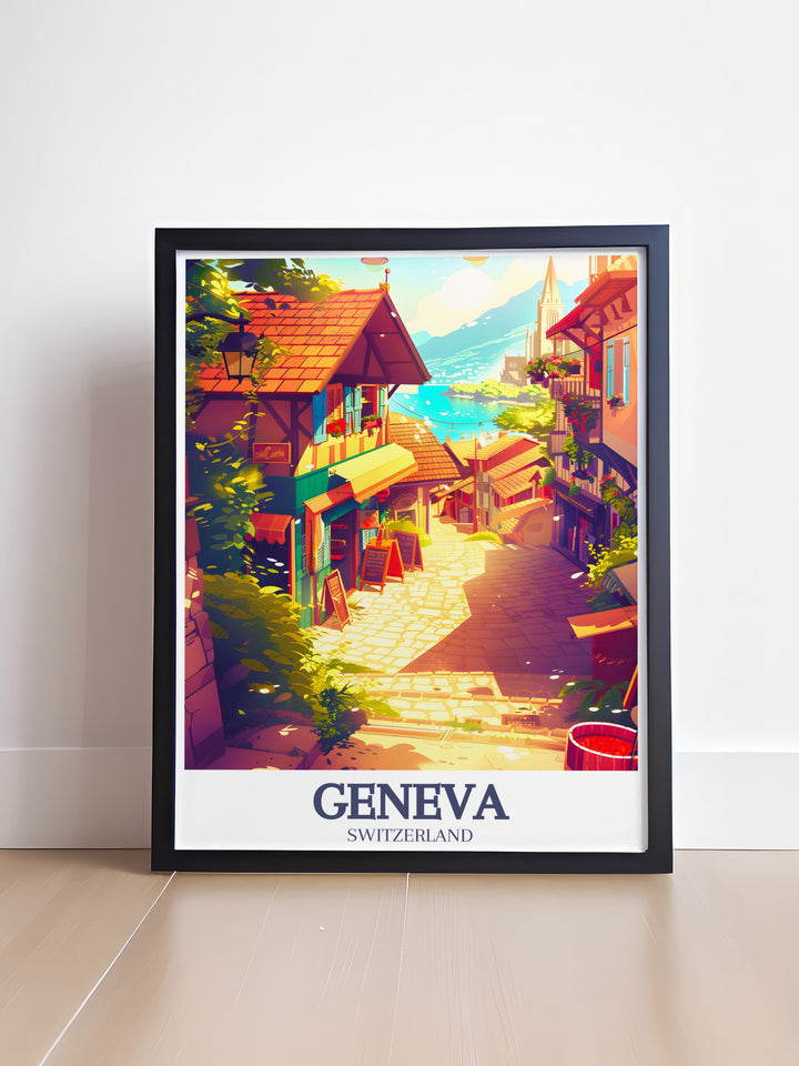 This Geneva poster print captures the charm of Carouge District and Place Marché, showcasing the blend of Italian and Swiss architecture. This travel print is a perfect addition to any home decor, reflecting the beauty of Genevas streets in a stylish and minimalist way.