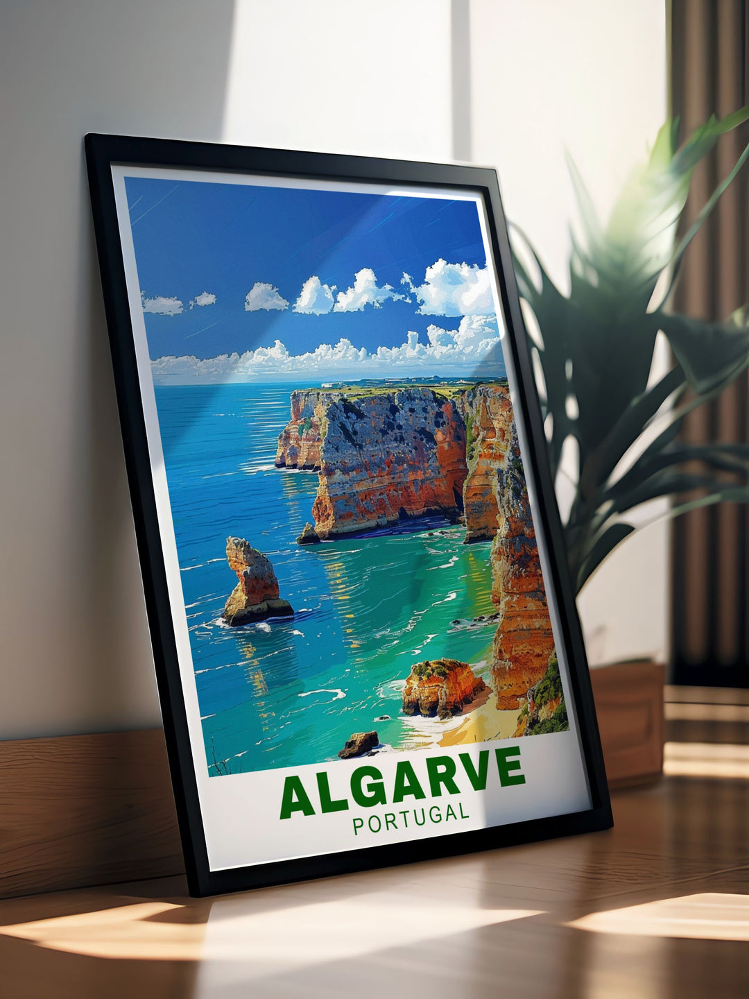 This Algarve cliffs travel poster brings the stunning scenery of Portugals southern coast into your home, with detailed illustrations of its iconic landscapes, ideal for any decor.