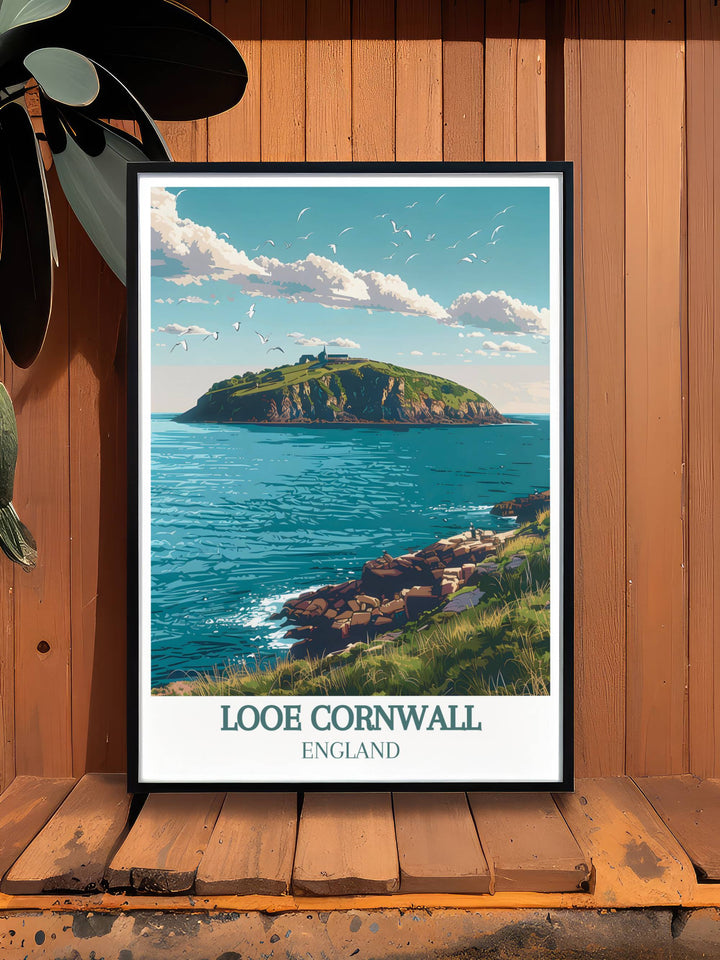 Vintage Looe Island Artwork depicting the picturesque scene of Looe Island in retro style perfect for adding charm to your home.