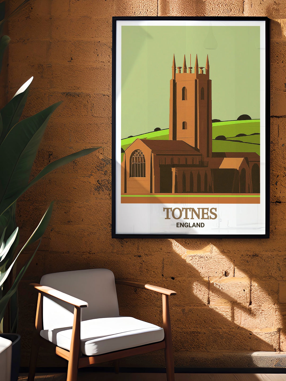 Totnes travel art poster featuring St. Marys Church, capturing the historic and architectural beauty of this iconic landmark. Perfect for adding a touch of English charm to your home decor. This print is ideal for history and architecture enthusiasts.