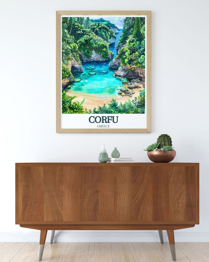 Corfu Greece Island art print depicting Paleokastritsa Beach Ionian Sea perfect for adding a touch of elegance and natural beauty to your decor a wonderful choice for those seeking unique Corfu artwork and travel inspired home decorations
